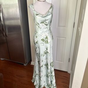 Silk-Look Mint Floral Cowl Neck Evening Dress